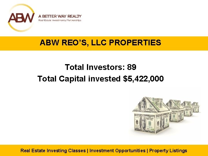 ABW REO’S, LLC PROPERTIES Total Investors: 89 Total Capital invested $5, 422, 000 Real