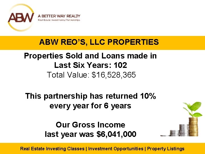 ABW REO’S, LLC PROPERTIES Properties Sold and Loans made in Last Six Years: 102
