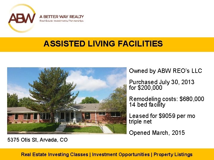 ASSISTED LIVING FACILITIES Owned by ABW REO’s LLC Purchased July 30, 2013 for $200,