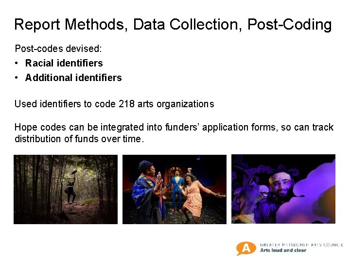 Report Methods, Data Collection, Post-Coding Post-codes devised: • Racial identifiers • Additional identifiers Used