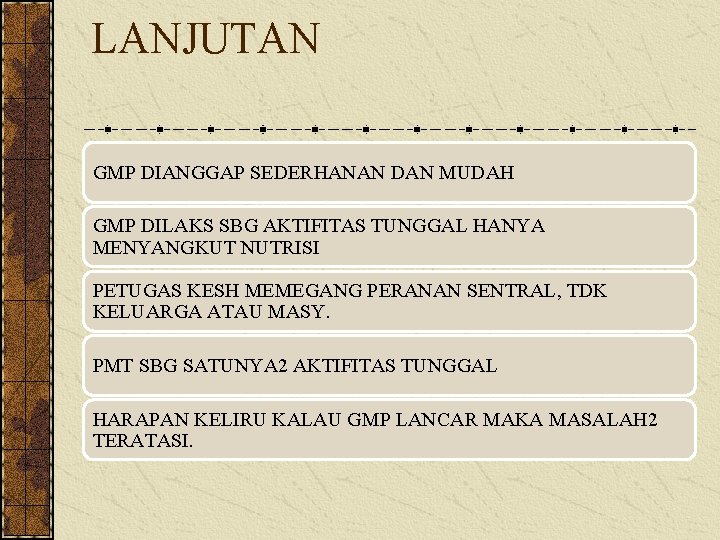 LANJUTAN GMP DIANGGAP SEDERHANAN DAN MUDAH GMP DILAKS SBG AKTIFITAS TUNGGAL HANYA MENYANGKUT NUTRISI