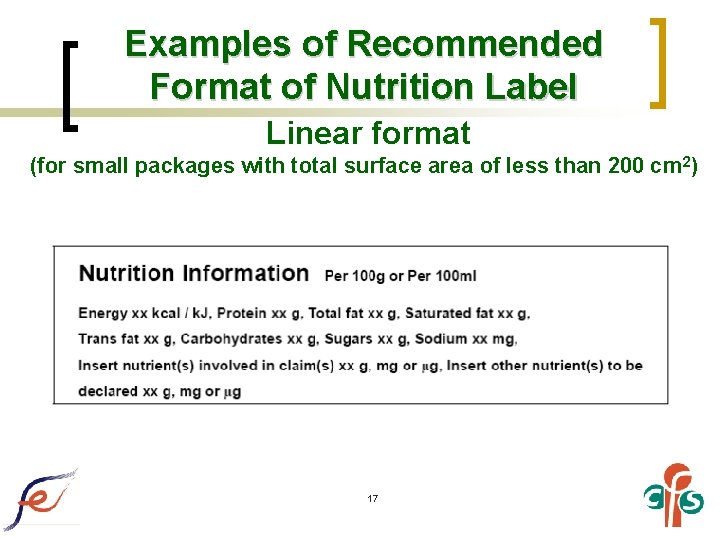 Examples of Recommended Format of Nutrition Label Linear format (for small packages with total