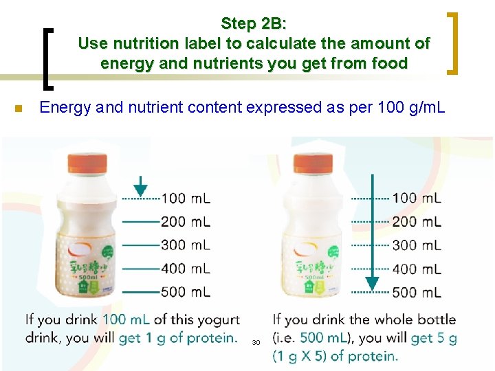 Step 2 B: Use nutrition label to calculate the amount of energy and nutrients