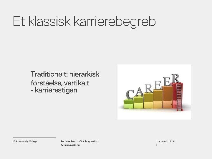 Et klassisk karrierebegreb Traditionelt: hierarkisk forståelse, vertikalt - karrierestigen Bo Klindt Poulsen, VIA Program