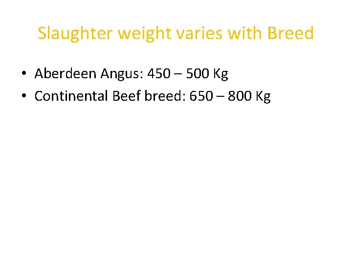 Slaughter weight varies with Breed • Aberdeen Angus: 450 – 500 Kg • Continental