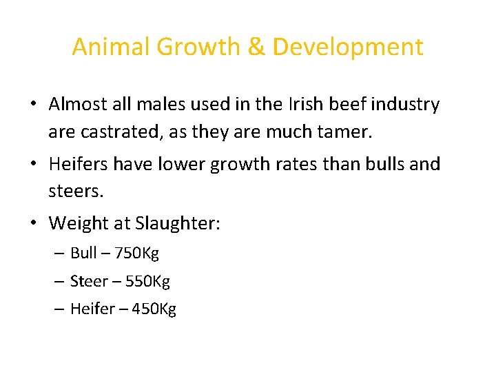 Animal Growth & Development • Almost all males used in the Irish beef industry
