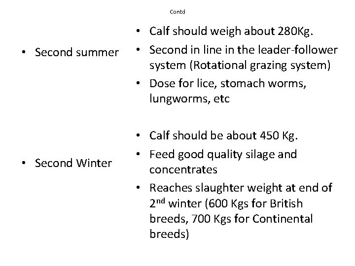 Contd • Second summer • Second Winter • Calf should weigh about 280 Kg.