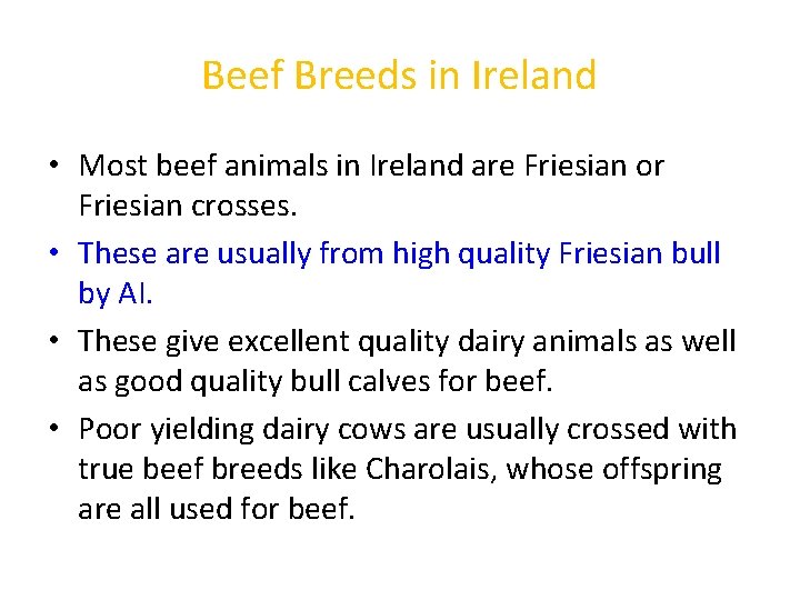 Beef Breeds in Ireland • Most beef animals in Ireland are Friesian or Friesian