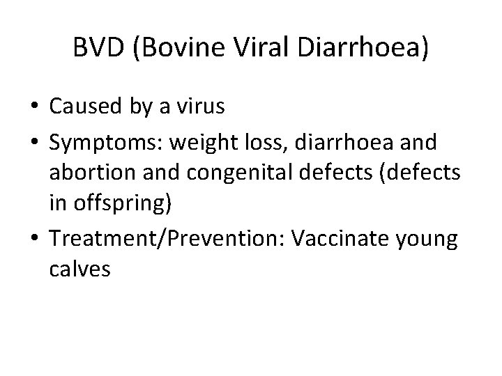 BVD (Bovine Viral Diarrhoea) • Caused by a virus • Symptoms: weight loss, diarrhoea
