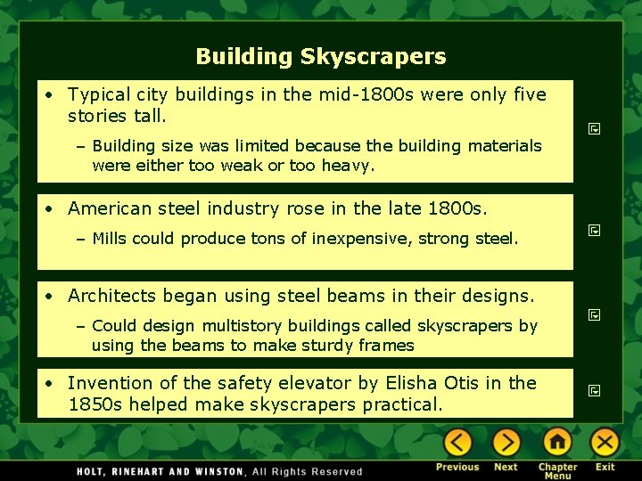 Building Skyscrapers • Typical city buildings in the mid-1800 s were only five stories Building Skyscrapers • Typical city buildings in the mid-1800 s were only five stories