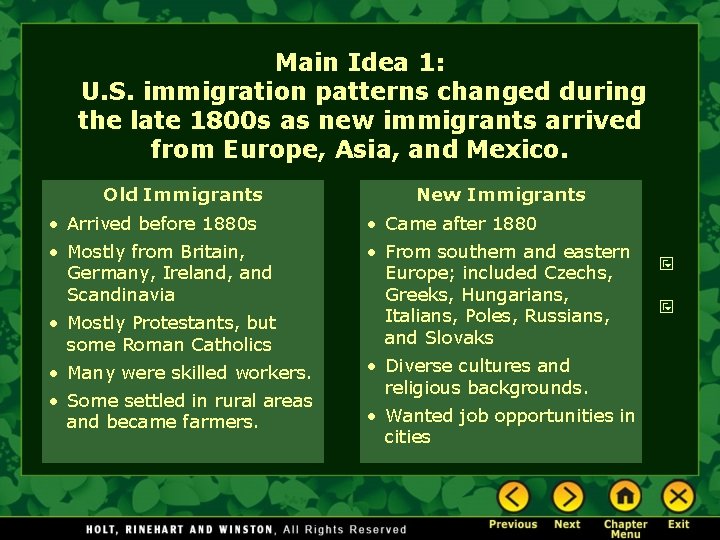 Main Idea 1: U. S. immigration patterns changed during the late 1800 s as Main Idea 1: U. S. immigration patterns changed during the late 1800 s as