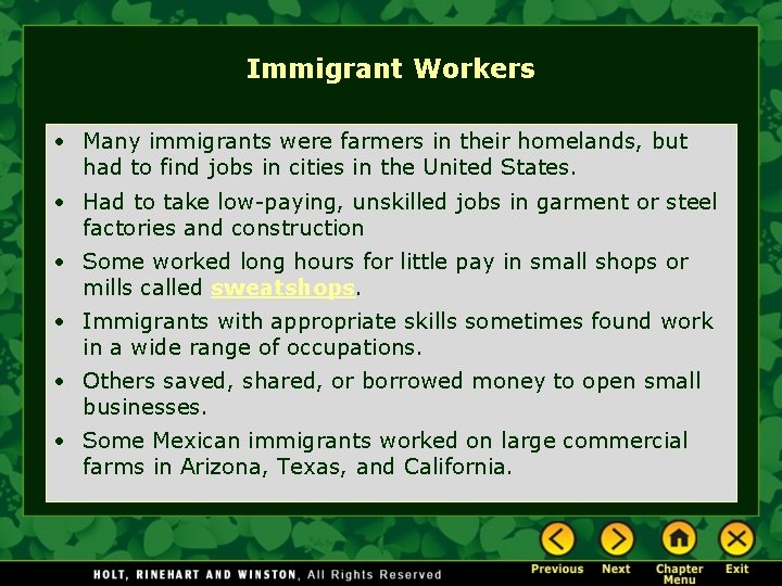Immigrant Workers • Many immigrants were farmers in their homelands, but had to find Immigrant Workers • Many immigrants were farmers in their homelands, but had to find