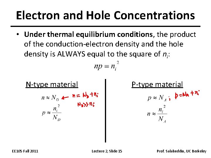 Electron and Hole Concentrations • Under thermal equilibrium conditions, the product of the conduction-electron