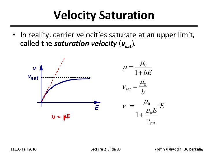 Velocity Saturation • In reality, carrier velocities saturate at an upper limit, called the