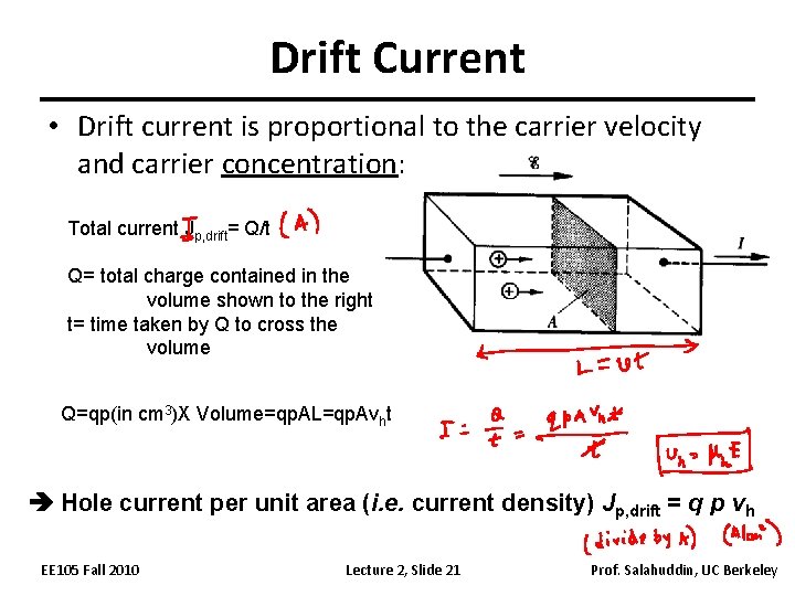 Drift Current • Drift current is proportional to the carrier velocity and carrier concentration: