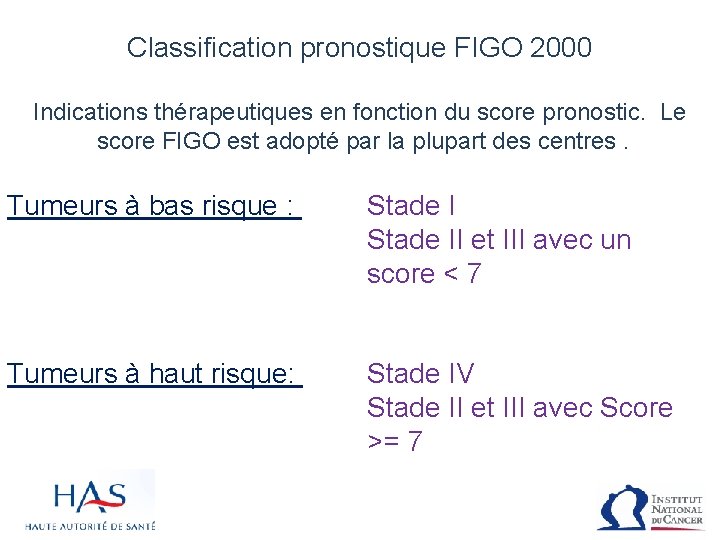 Classification pronostique FIGO 2000 Indications thérapeutiques en fonction du score pronostic. Le score FIGO