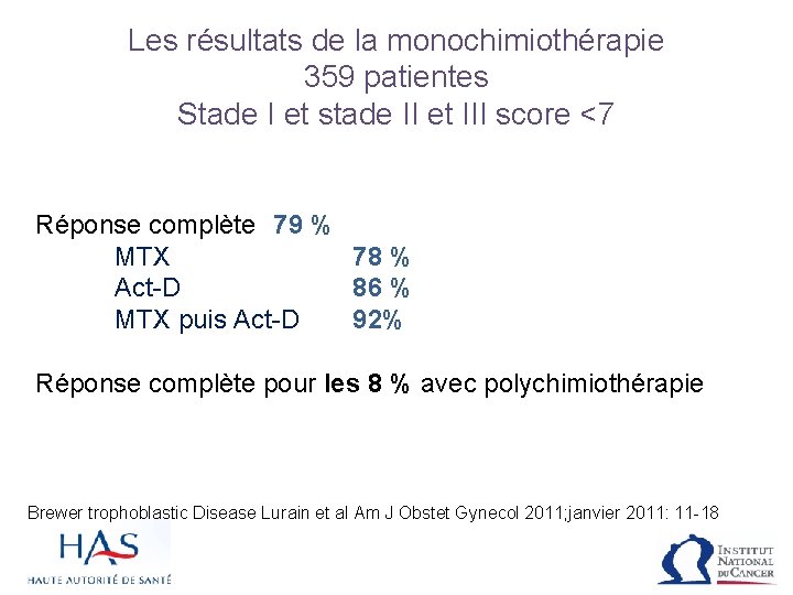 Les résultats de la monochimiothérapie 359 patientes Stade I et stade II et III