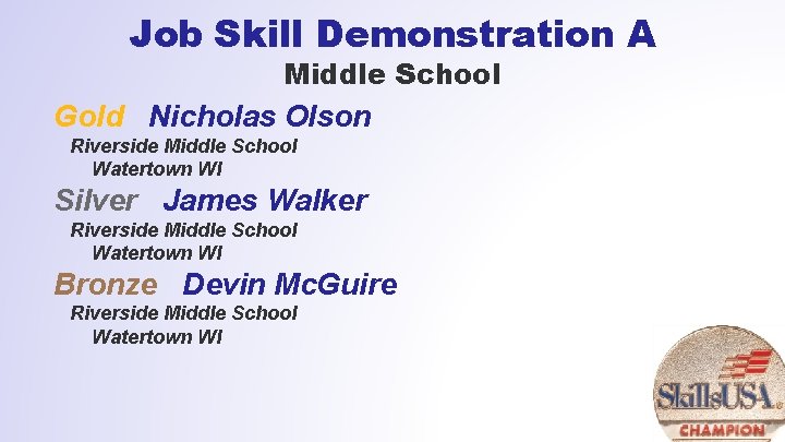 Job Skill Demonstration A Middle School Gold Nicholas Olson Riverside Middle School Watertown WI