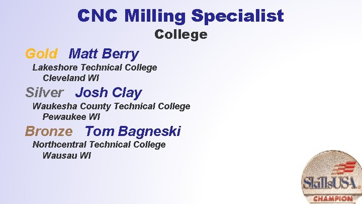 CNC Milling Specialist College Gold Matt Berry Lakeshore Technical College Cleveland WI Silver Josh