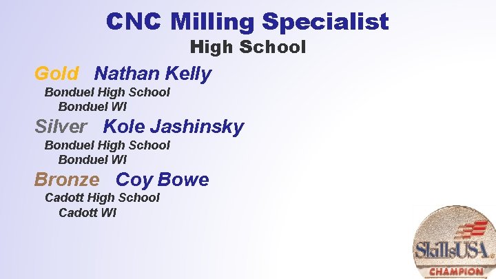 CNC Milling Specialist High School Gold Nathan Kelly Bonduel High School Bonduel WI Silver