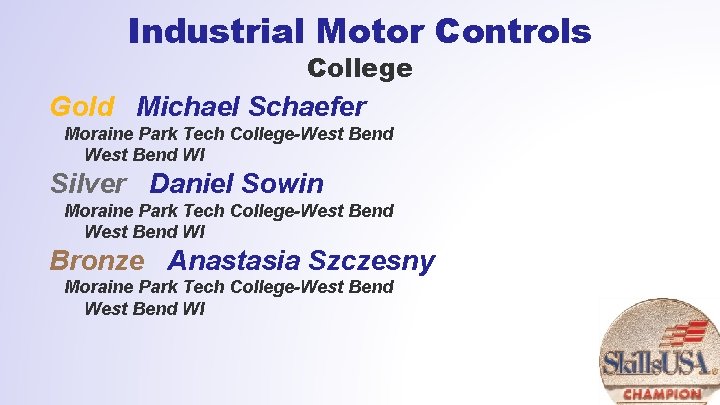 Industrial Motor Controls College Gold Michael Schaefer Moraine Park Tech College-West Bend WI Silver