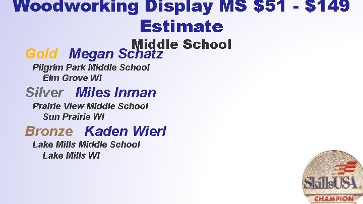 Woodworking Display MS $51 - $149 Estimate Middle School Gold Megan Schatz Pilgrim Park