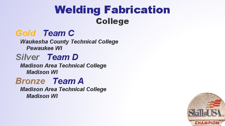 Welding Fabrication College Gold Team C Waukesha County Technical College Pewaukee WI Silver Team