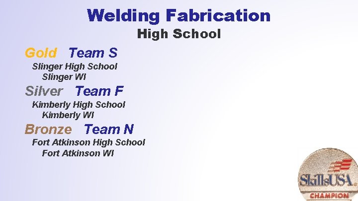 Welding Fabrication High School Gold Team S Slinger High School Slinger WI Silver Team