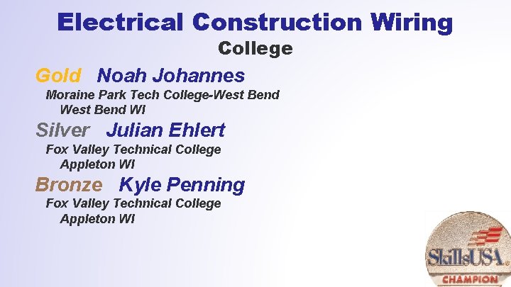 Electrical Construction Wiring College Gold Noah Johannes Moraine Park Tech College-West Bend WI Silver