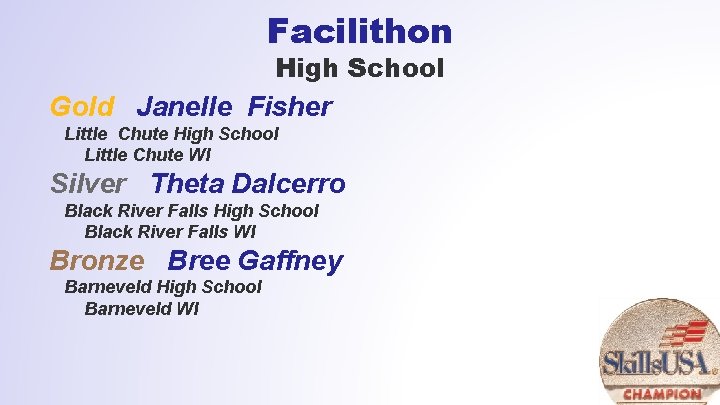 Facilithon High School Gold Janelle Fisher Little Chute High School Little Chute WI Silver