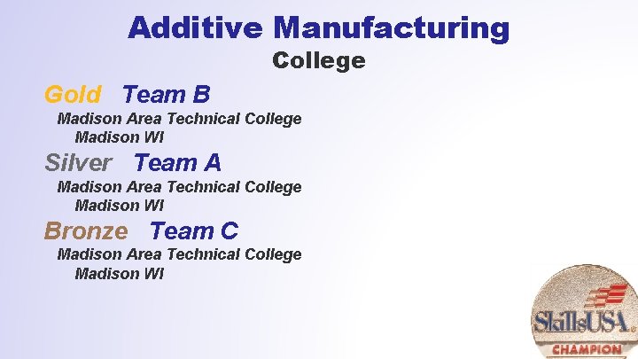 Additive Manufacturing College Gold Team B Madison Area Technical College Madison WI Silver Team