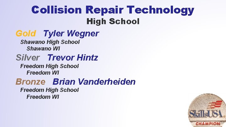 Collision Repair Technology High School Gold Tyler Wegner Shawano High School Shawano WI Silver