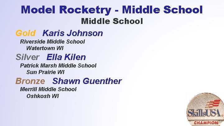 Model Rocketry - Middle School Gold Karis Johnson Riverside Middle School Watertown WI Silver