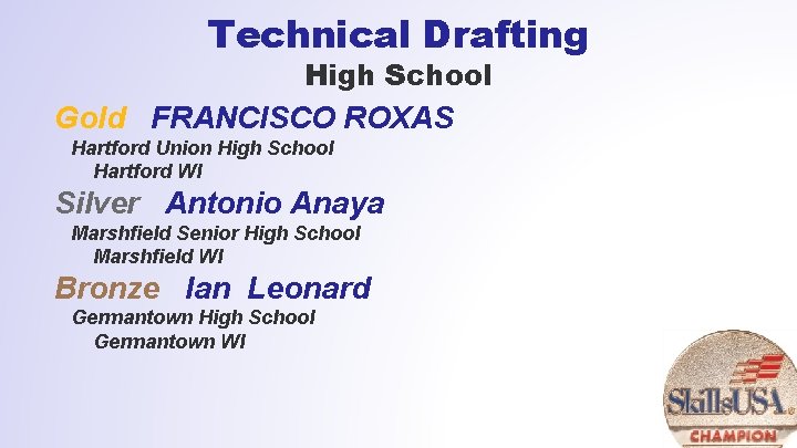 Technical Drafting High School Gold FRANCISCO ROXAS Hartford Union High School Hartford WI Silver