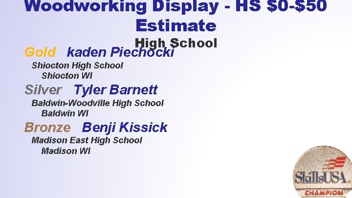 Woodworking Display - HS $0 -$50 Estimate High School Gold kaden Piechocki Shiocton High