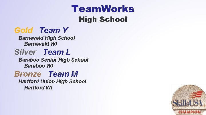 Team. Works High School Gold Team Y Barneveld High School Barneveld WI Silver Team