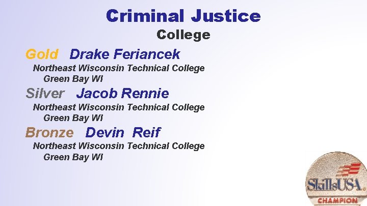 Criminal Justice College Gold Drake Feriancek Northeast Wisconsin Technical College Green Bay WI Silver
