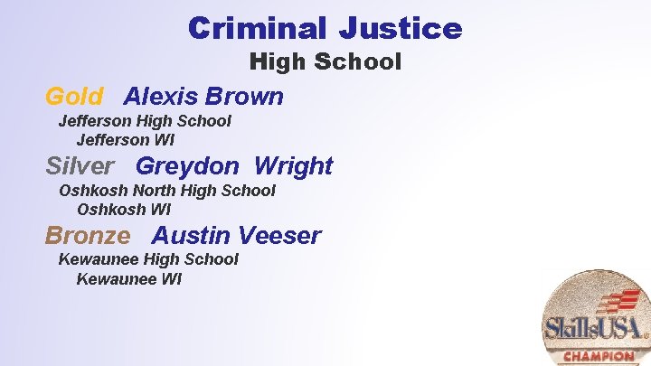 Criminal Justice High School Gold Alexis Brown Jefferson High School Jefferson WI Silver Greydon