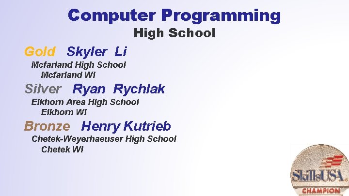 Computer Programming High School Gold Skyler Li Mcfarland High School Mcfarland WI Silver Ryan