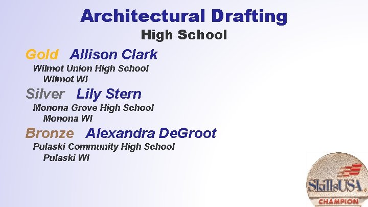 Architectural Drafting High School Gold Allison Clark Wilmot Union High School Wilmot WI Silver