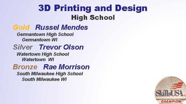3 D Printing and Design High School Gold Russel Mendes Germantown High School Germantown