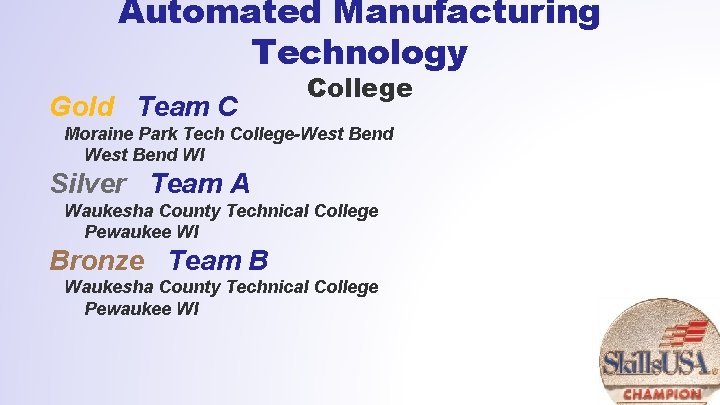 Automated Manufacturing Technology Gold Team C College Moraine Park Tech College-West Bend WI Silver