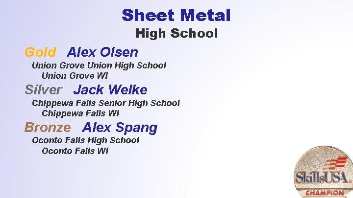 Sheet Metal High School Gold Alex Olsen Union Grove Union High School Union Grove