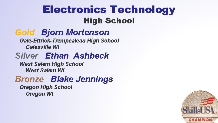 Electronics Technology High School Gold Bjorn Mortenson Gale-Ettrick-Trempealeau High School Galesville WI Silver Ethan