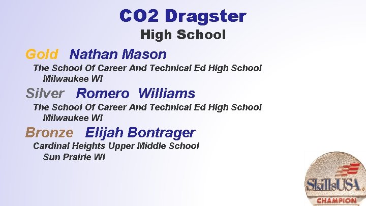CO 2 Dragster High School Gold Nathan Mason The School Of Career And Technical