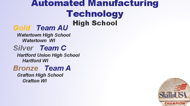 Automated Manufacturing Technology Gold Team AU High School Watertown WI Silver Team C Hartford