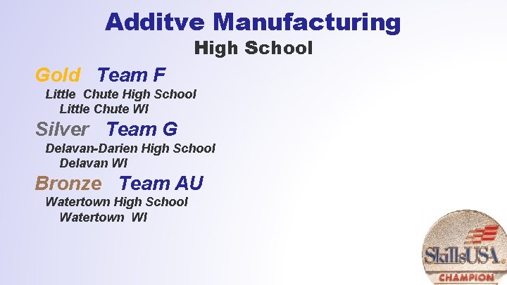 Additve Manufacturing High School Gold Team F Little Chute High School Little Chute WI