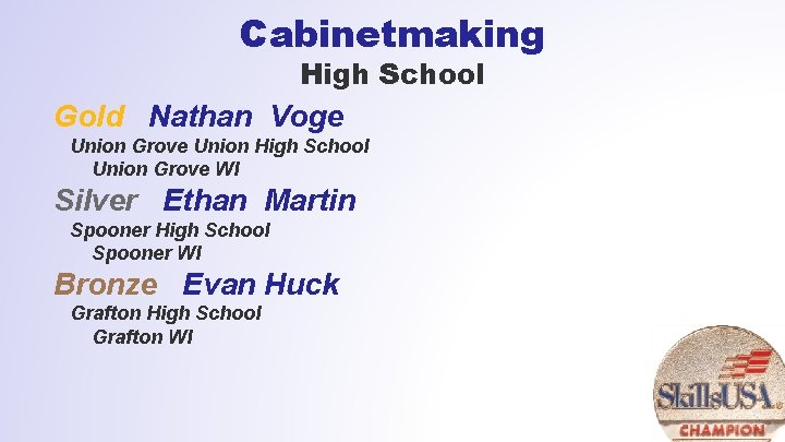 Cabinetmaking High School Gold Nathan Voge Union Grove Union High School Union Grove WI