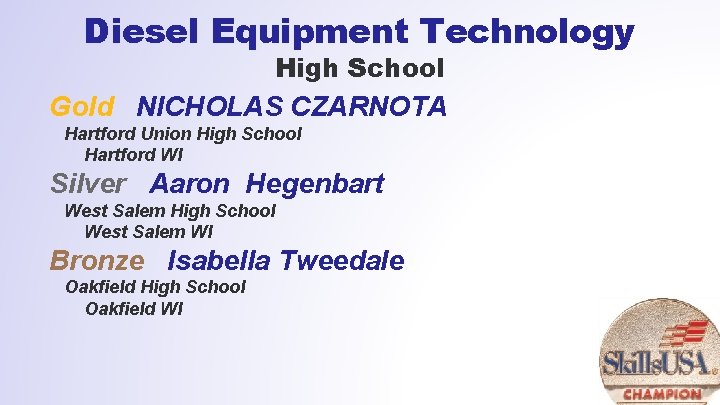 Diesel Equipment Technology High School Gold NICHOLAS CZARNOTA Hartford Union High School Hartford WI