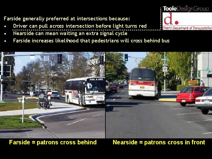 Bus driver concern: farside or nearside stops? Farside generally preferred at intersections because: •